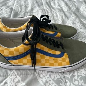 Vans Old Skool Ralley Checkered canvas shoes in Olive, Purple and Yellow.